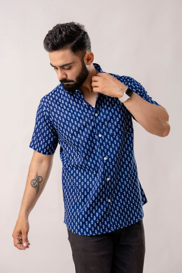 Indigo Horizon: Half-Sleeve Cotton Print Shirt