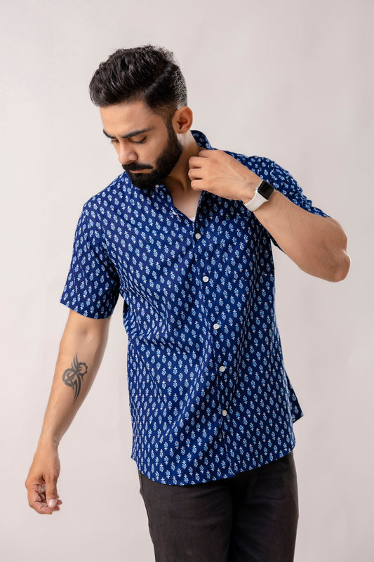 Indigo Horizon: Half-Sleeve Cotton Print Shirt - Me&My