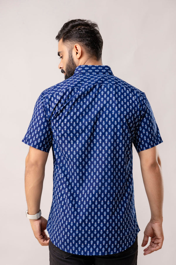 Indigo Horizon: Half-Sleeve Cotton Print Shirt