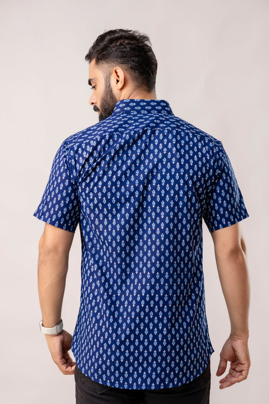 Indigo Horizon: Half-Sleeve Cotton Print Shirt — image 4