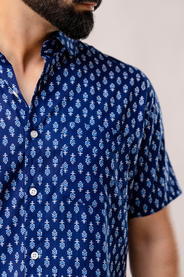 Indigo Horizon: Half-Sleeve Cotton Print Shirt