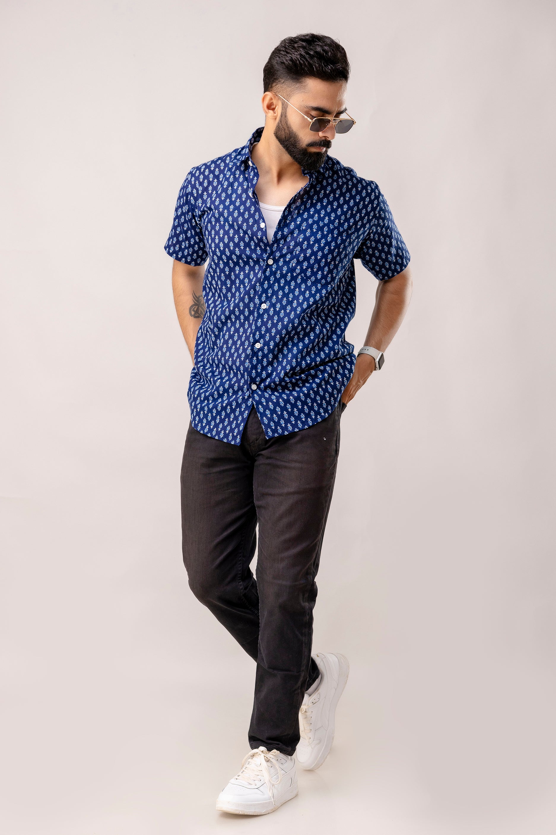 Indigo Horizon: Half-Sleeve Cotton Print Shirt - Me & My