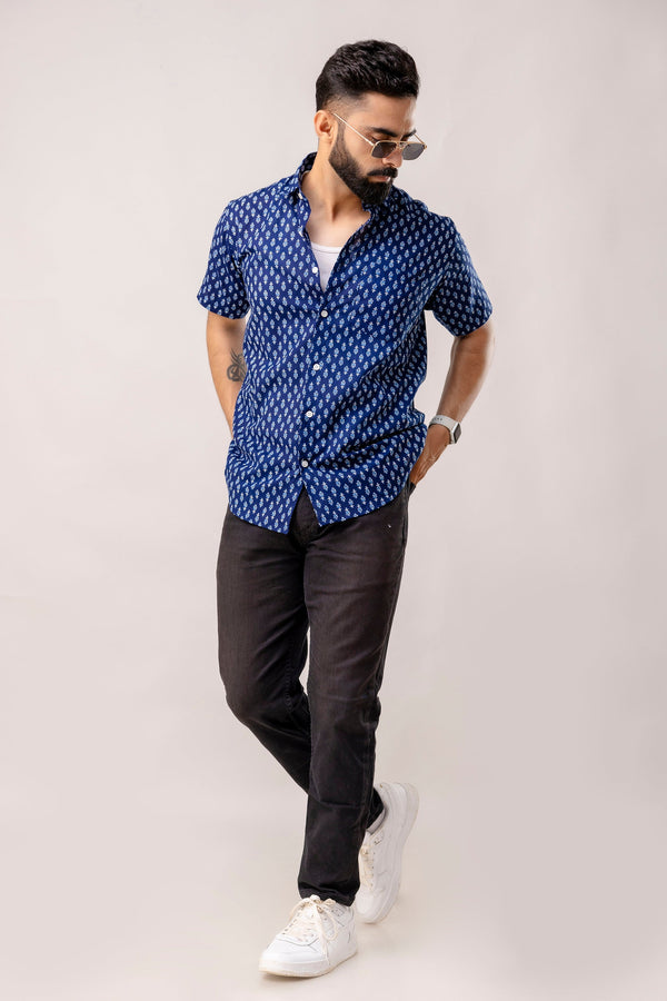Indigo Horizon: Half-Sleeve Cotton Print Shirt