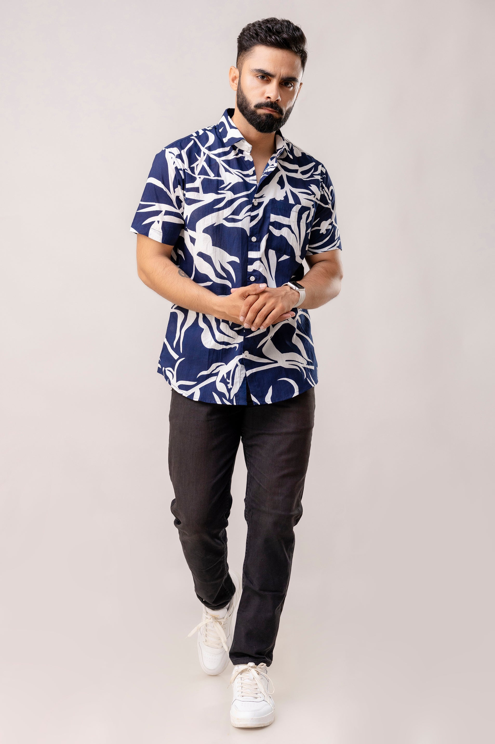 Midnight Navy: Half-Sleeve Essential Cotton Shirt - Me & My