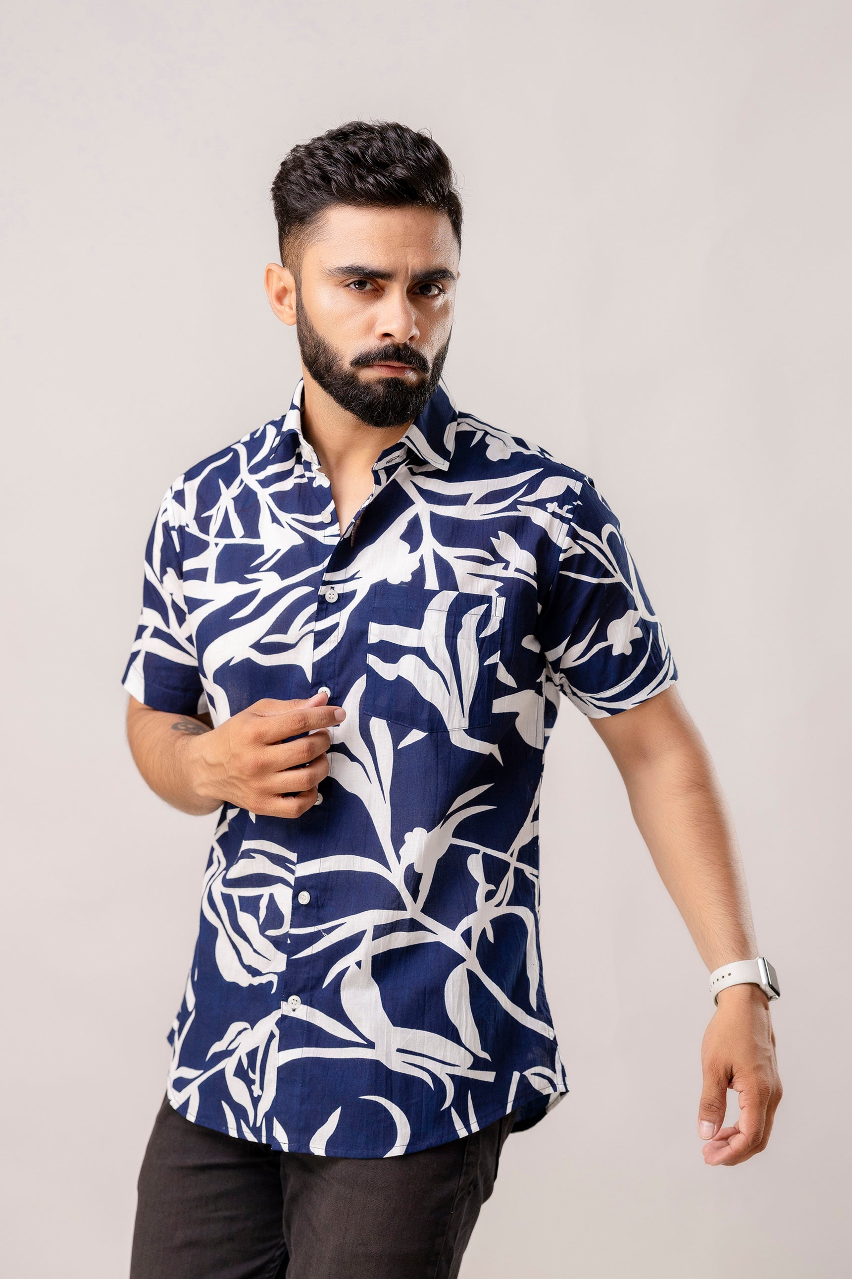 Midnight Navy: Half-Sleeve Essential Cotton Shirt - Me & My