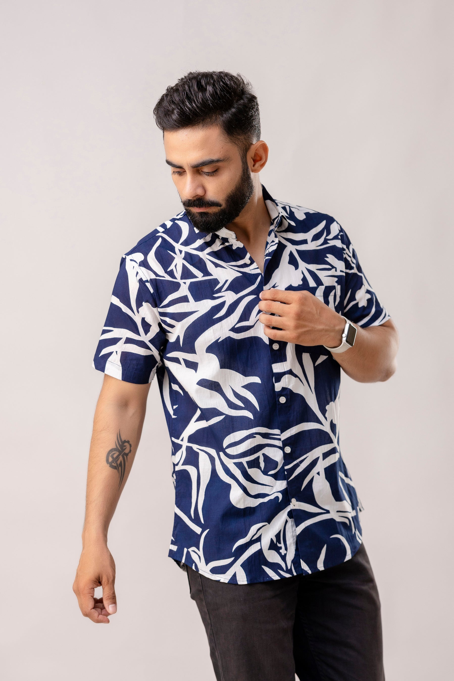 Midnight Navy: Half-Sleeve Essential Cotton Shirt - Me & My