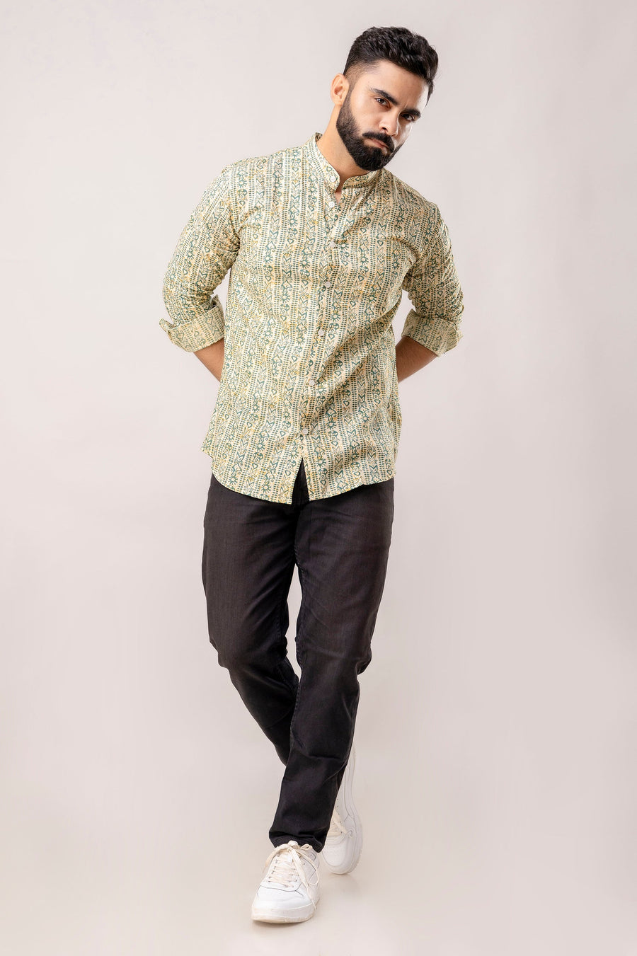 Urban Jade: Geometric Green Long-Sleeve Shirt with Chinese Collar — image 9