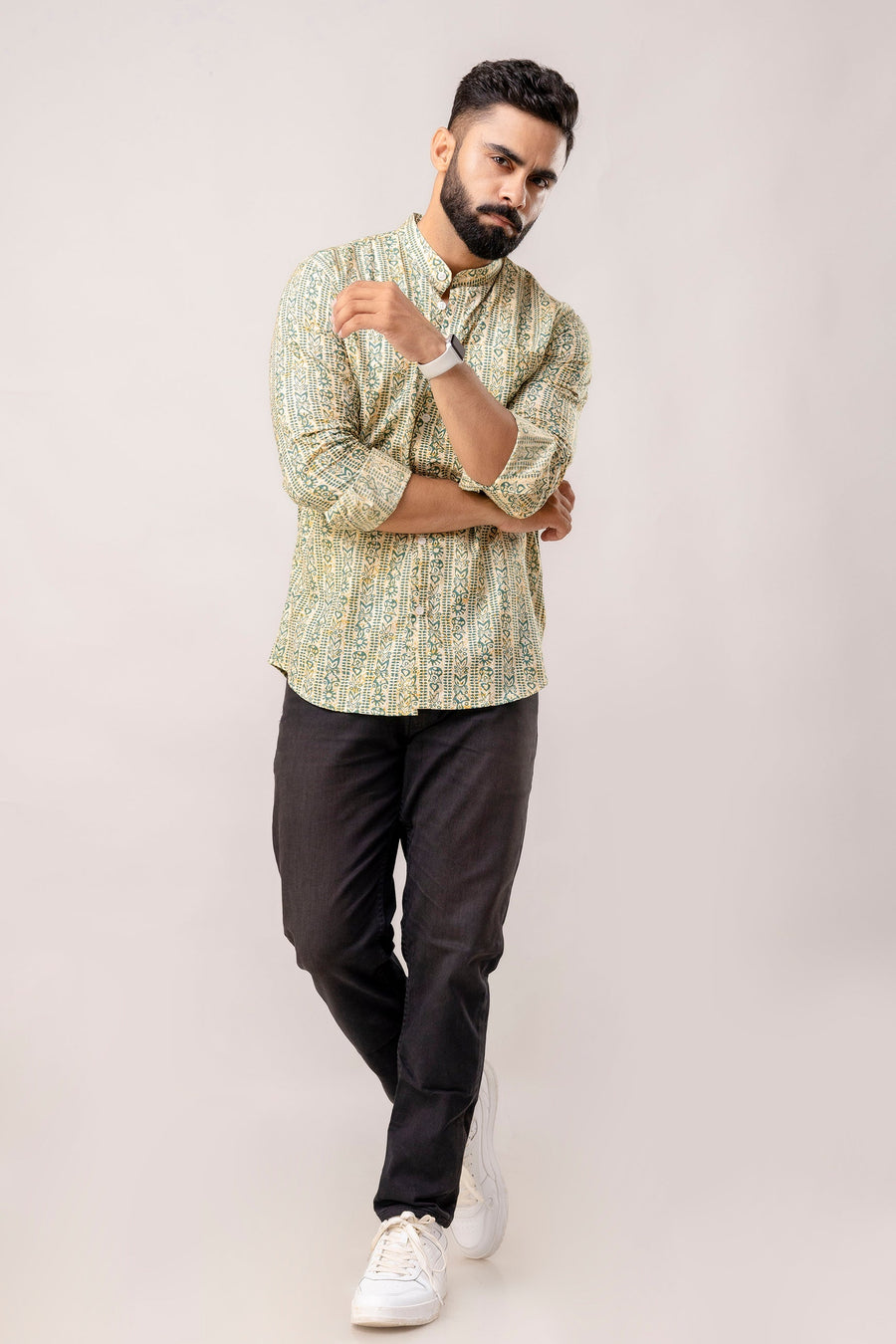 Urban Jade: Geometric Green Long-Sleeve Shirt with Chinese Collar — image 8