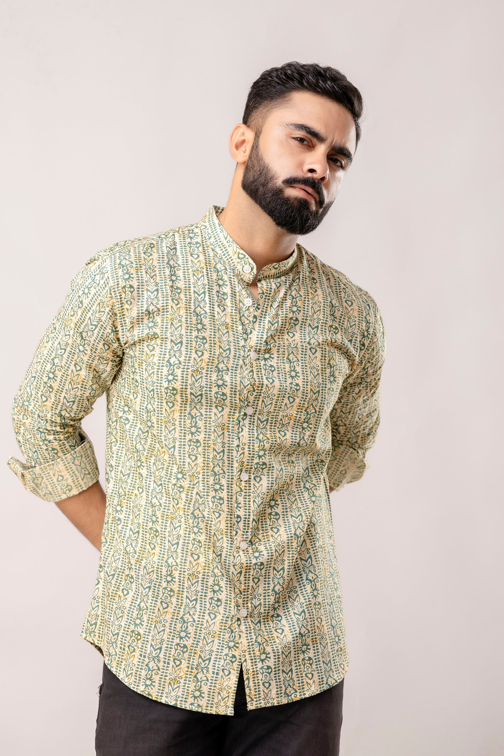 Urban Jade: Geometric Green Half-Sleeve Shirt with Chinese Collar - Me & My