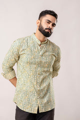Urban Jade: Geometric Green Long-Sleeve Shirt with Chinese Collar - Me&My