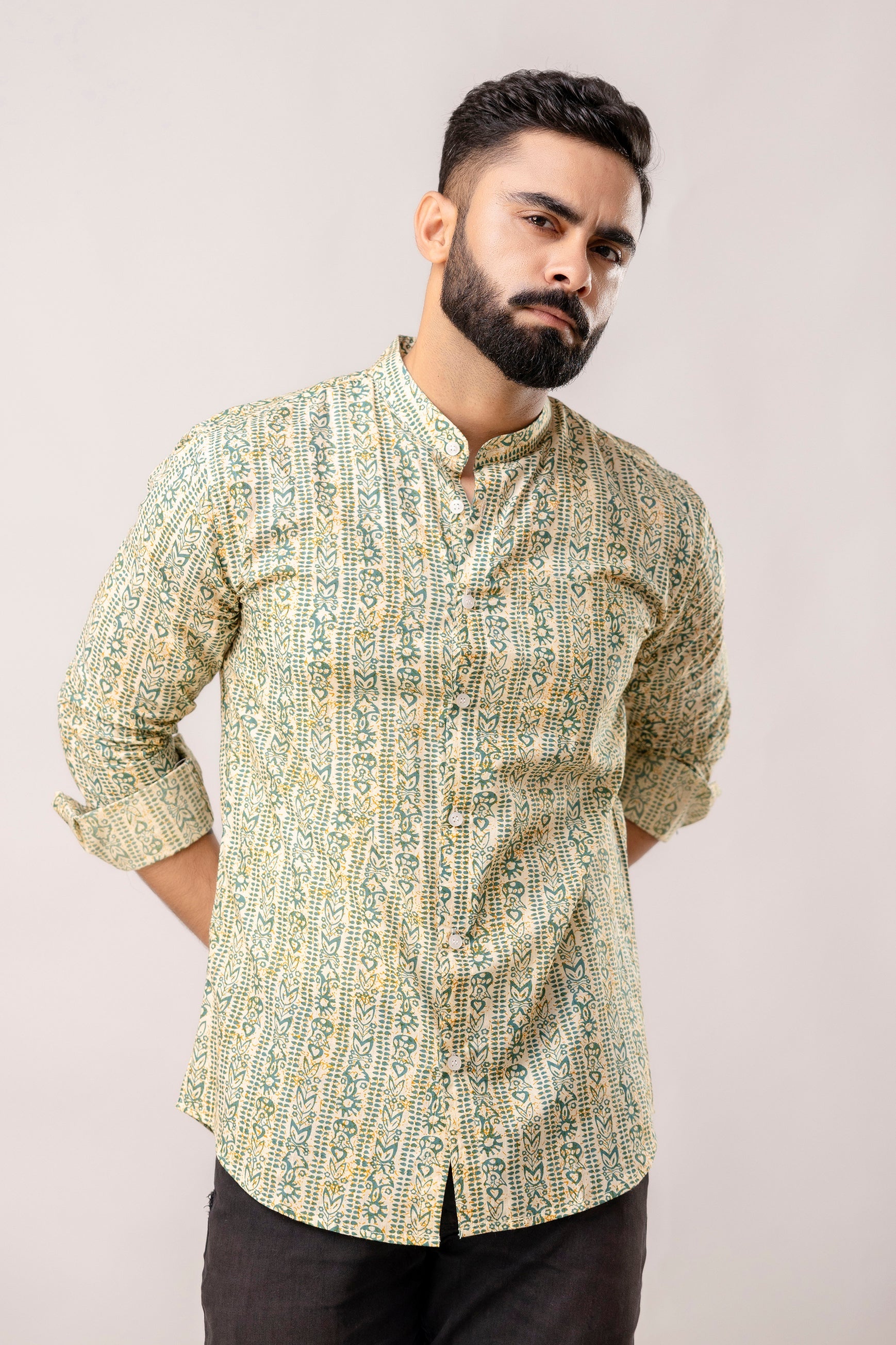 Urban Jade: Geometric Green Half-Sleeve Shirt with Chinese Collar - Me & My