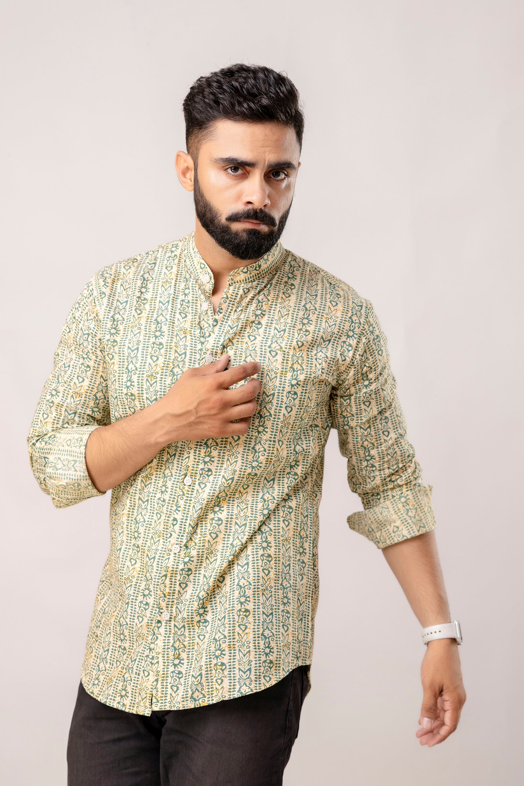 Urban Jade: Geometric Green Half-Sleeve Shirt with Chinese Collar - Me & My