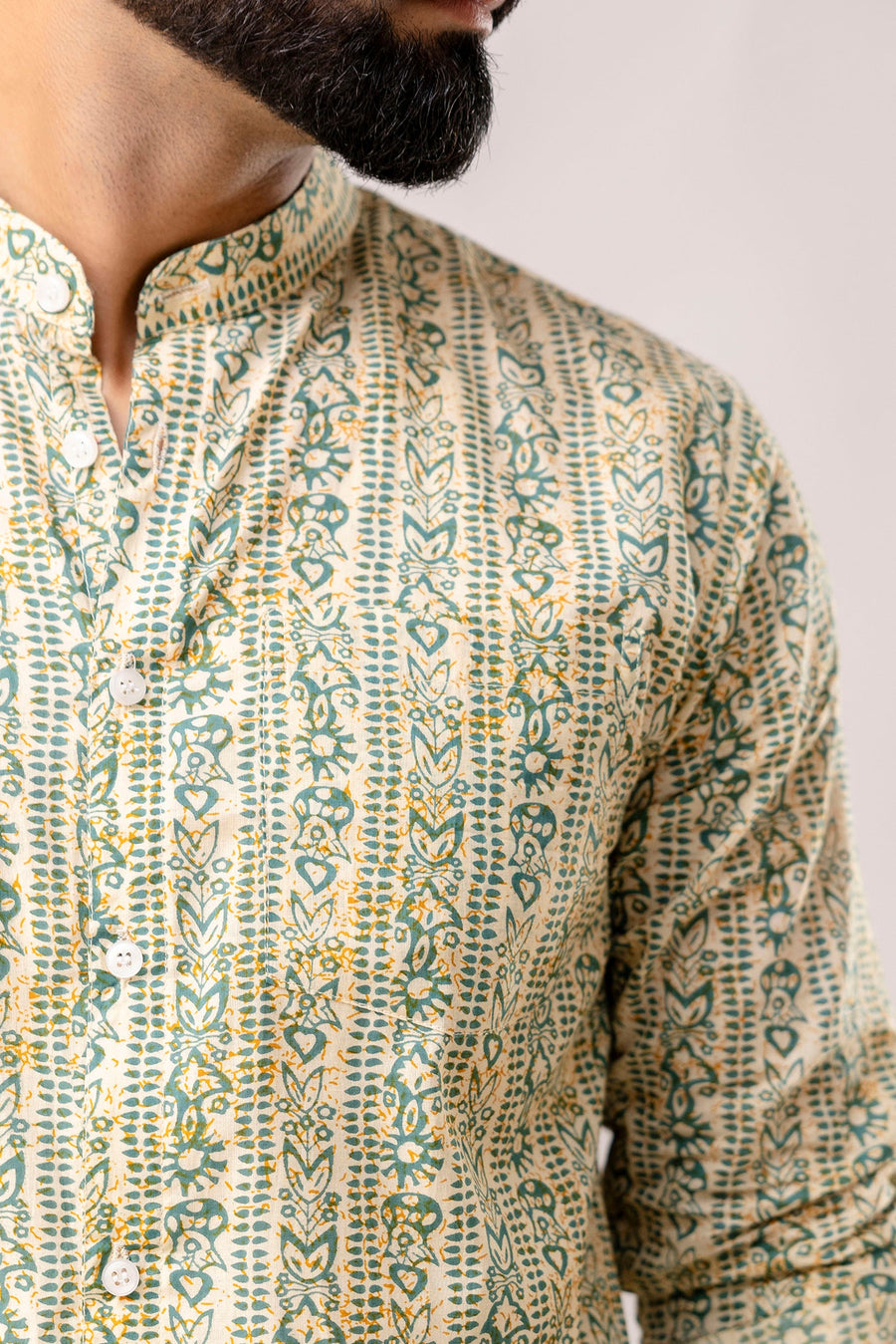 Urban Jade: Geometric Green Long-Sleeve Shirt with Chinese Collar — image 7