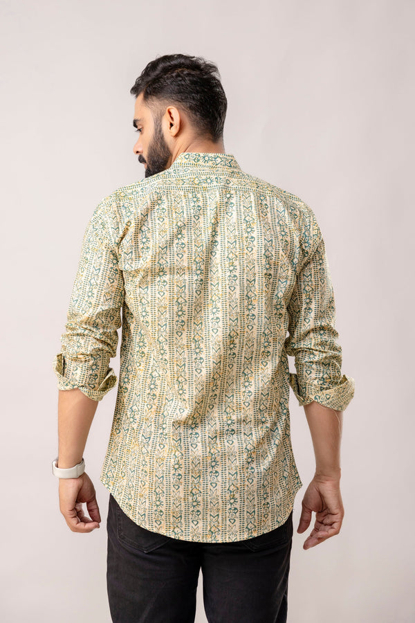 Urban Jade: Geometric Green Long-Sleeve Shirt with Chinese Collar