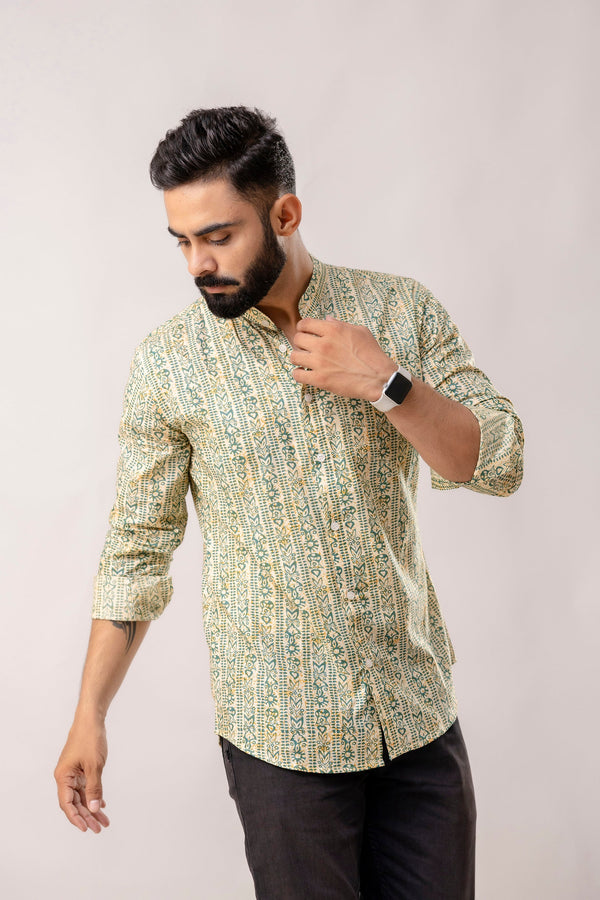 Urban Jade: Geometric Green Long-Sleeve Shirt with Chinese Collar