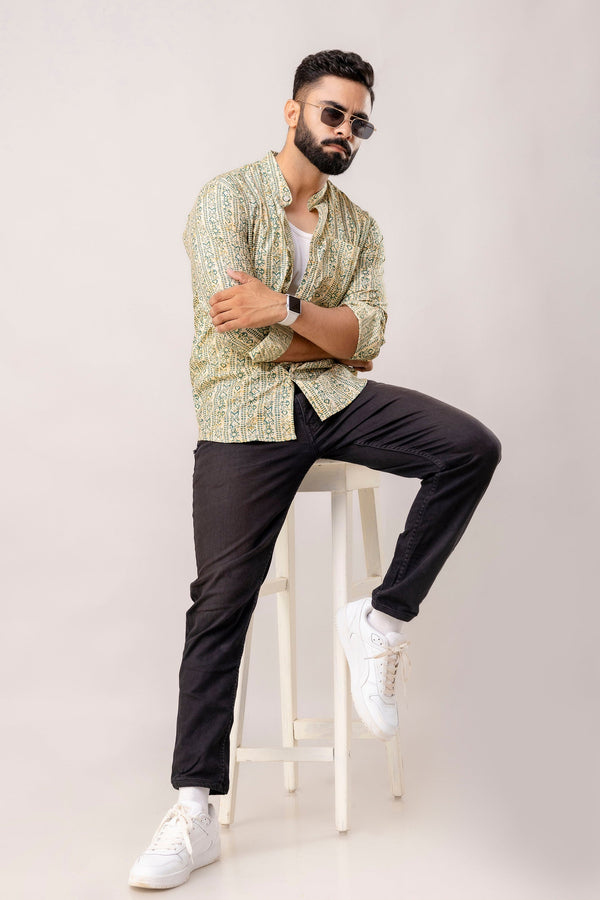 Urban Jade: Geometric Green Long-Sleeve Shirt with Chinese Collar