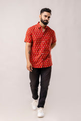 Red Reverie: Artisanal Block Print Half-Sleeve Shirt - Me & My