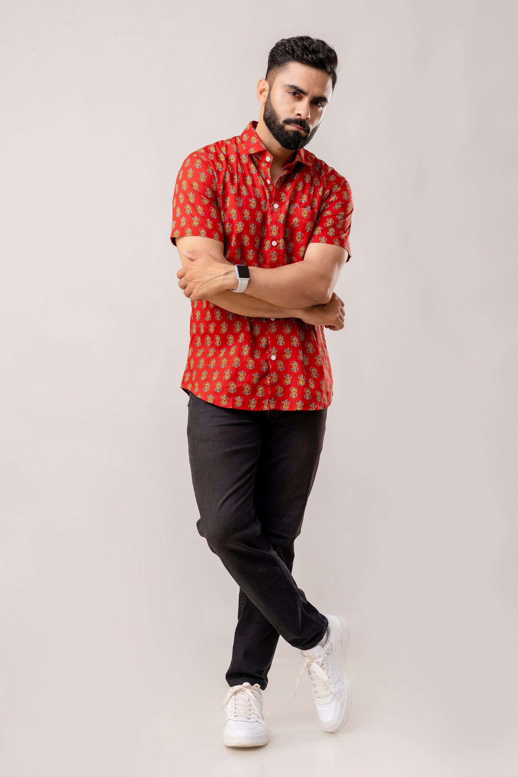 Red Reverie: Artisanal Block Print Half-Sleeve Shirt - Me & My