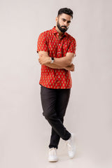 Red Reverie: Artisanal Block Print Half-Sleeve Shirt - Me&My