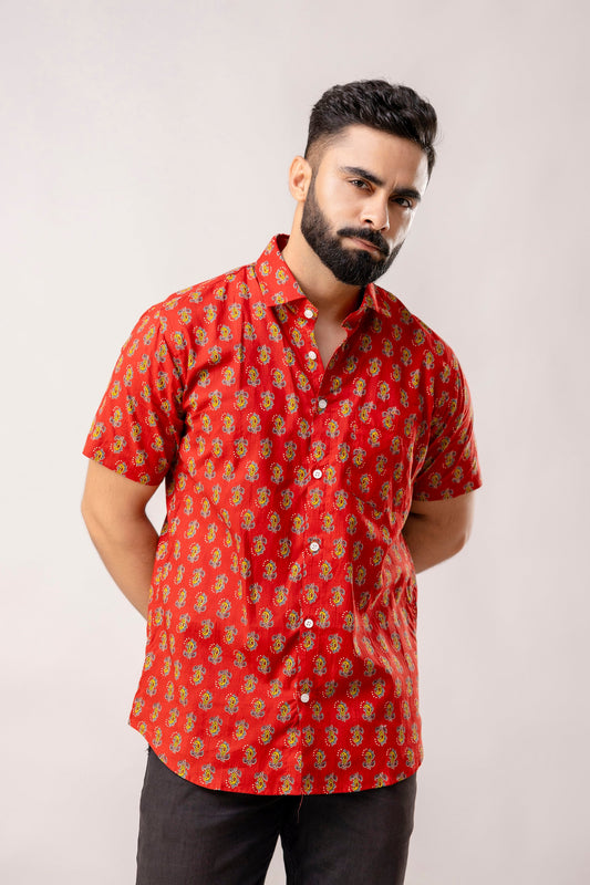 Red Reverie: Artisanal Block Print Half-Sleeve Shirt - Me&My
