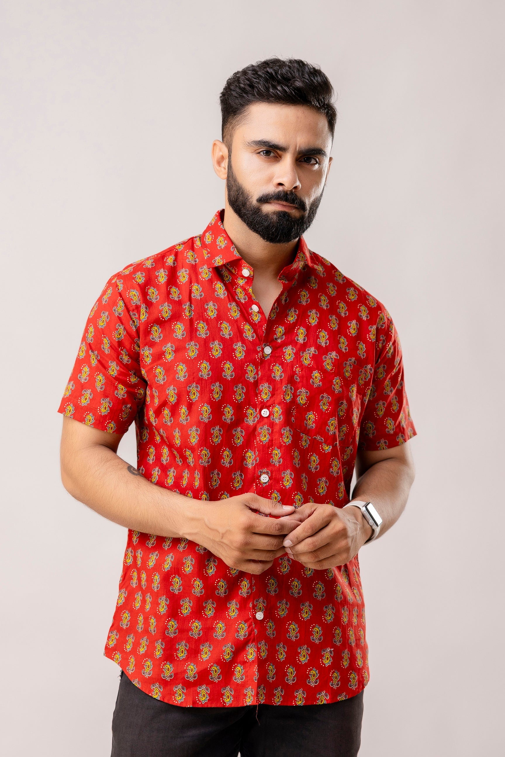 Red Reverie: Artisanal Block Print Half-Sleeve Shirt - Me & My