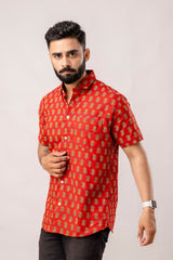 Red Reverie: Artisanal Block Print Half-Sleeve Shirt - Me&My