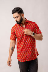 Red Reverie: Artisanal Block Print Half-Sleeve Shirt - Me & My