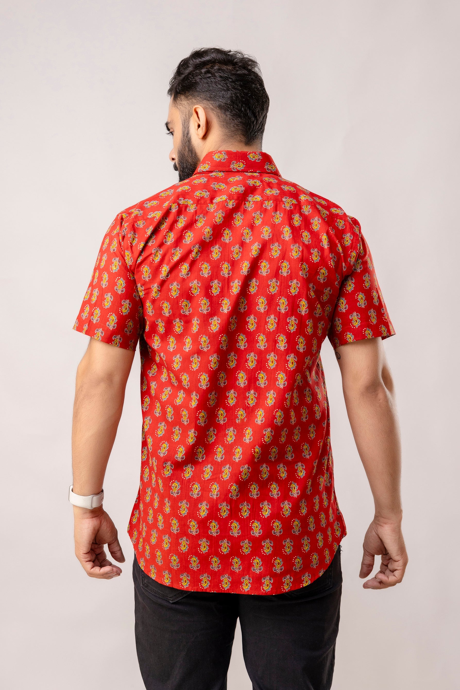 Red Reverie: Artisanal Block Print Half-Sleeve Shirt - Me & My