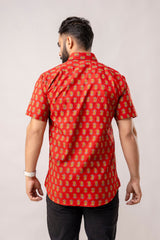 Red Reverie: Artisanal Block Print Half-Sleeve Shirt - Me&My
