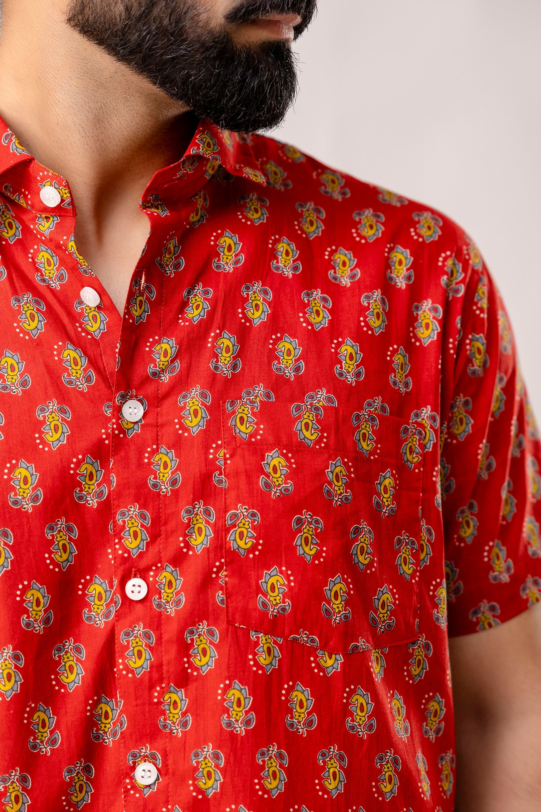 Red Reverie: Artisanal Block Print Half-Sleeve Shirt - Me & My