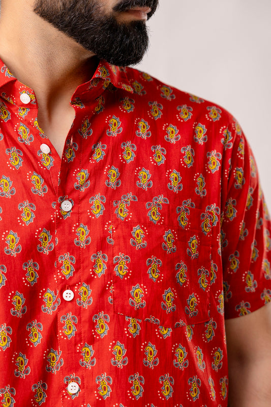 Red Reverie: Artisanal Block Print Half-Sleeve Shirt - Me&My