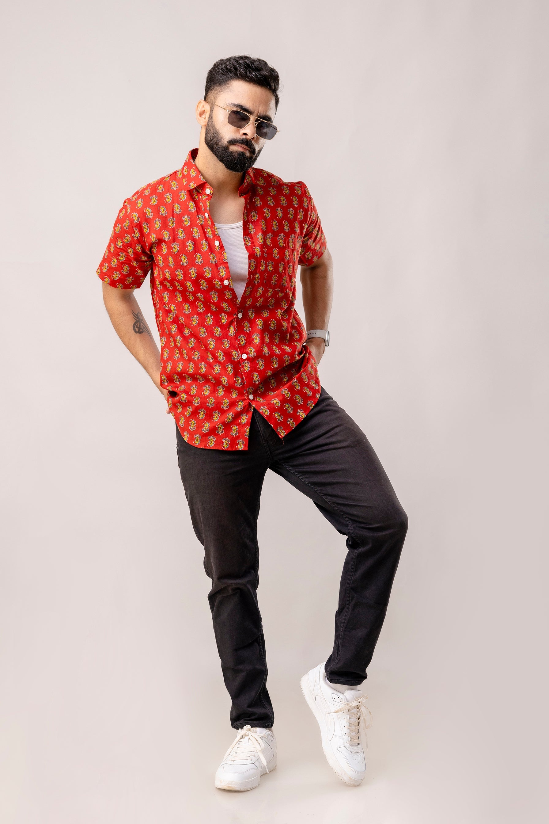 Red Reverie: Artisanal Block Print Half-Sleeve Shirt - Me & My