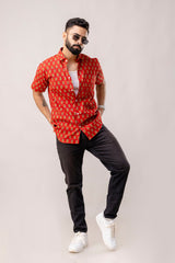 Red Reverie: Artisanal Block Print Half-Sleeve Shirt - Me&My