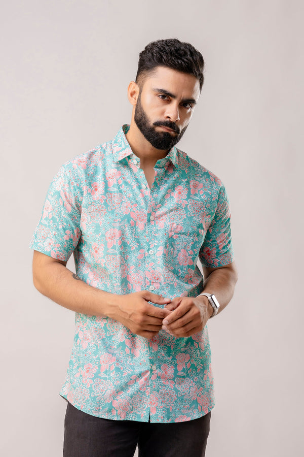 Azure Bloom Blue Floral Cotton Shirt