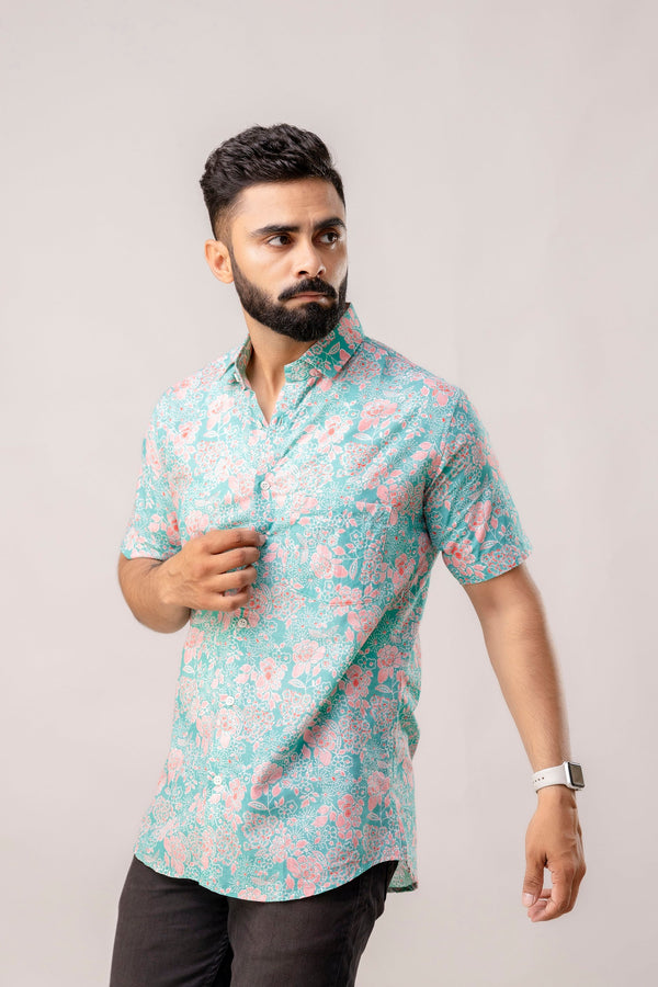 Azure Bloom Blue Floral Cotton Shirt
