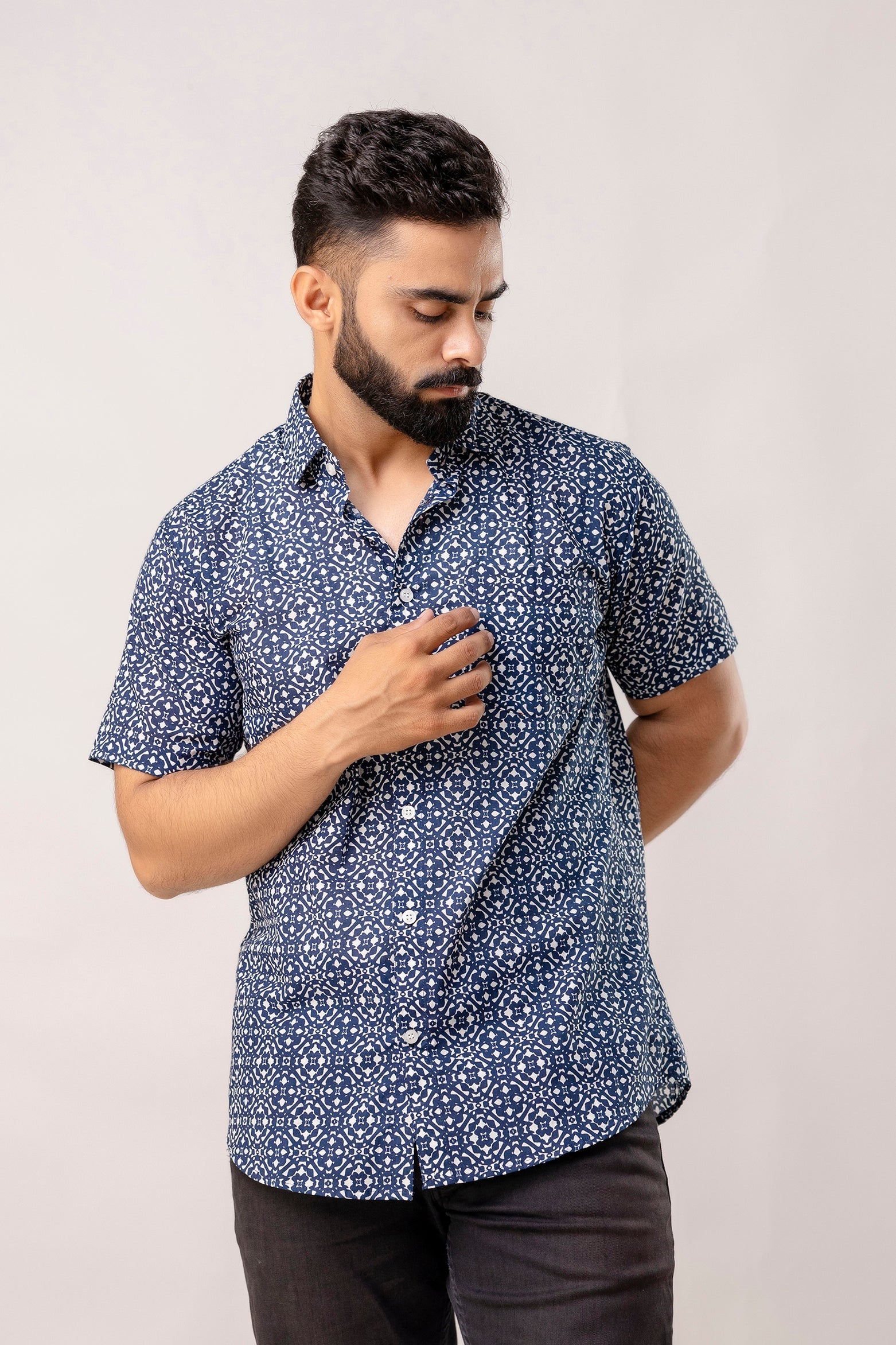 Sapphire Structure Blue Geometry Cotton Shirt - Me & My