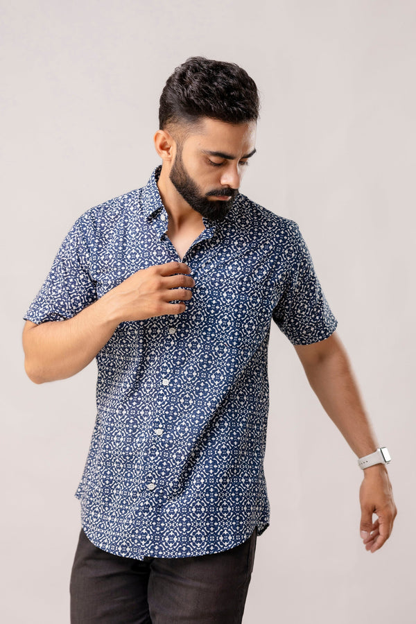Sapphire Structure Blue Geometry Cotton Shirt