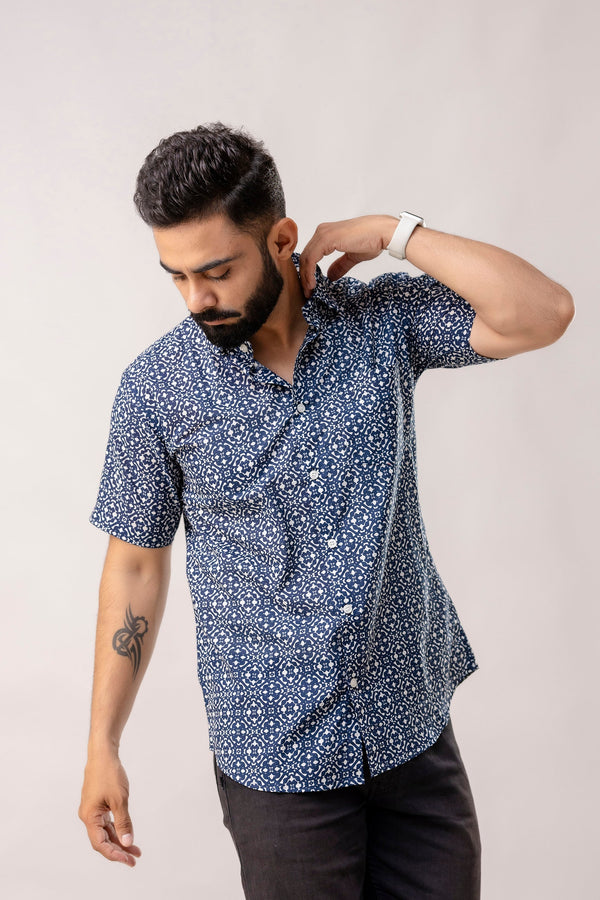 Sapphire Structure Blue Geometry Cotton Shirt