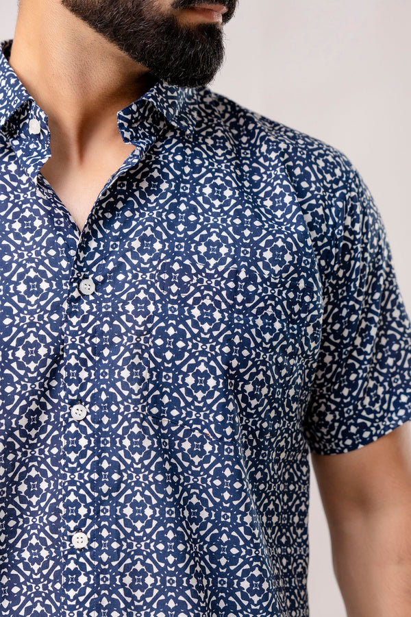 Sapphire Structure Blue Geometry Cotton Shirt