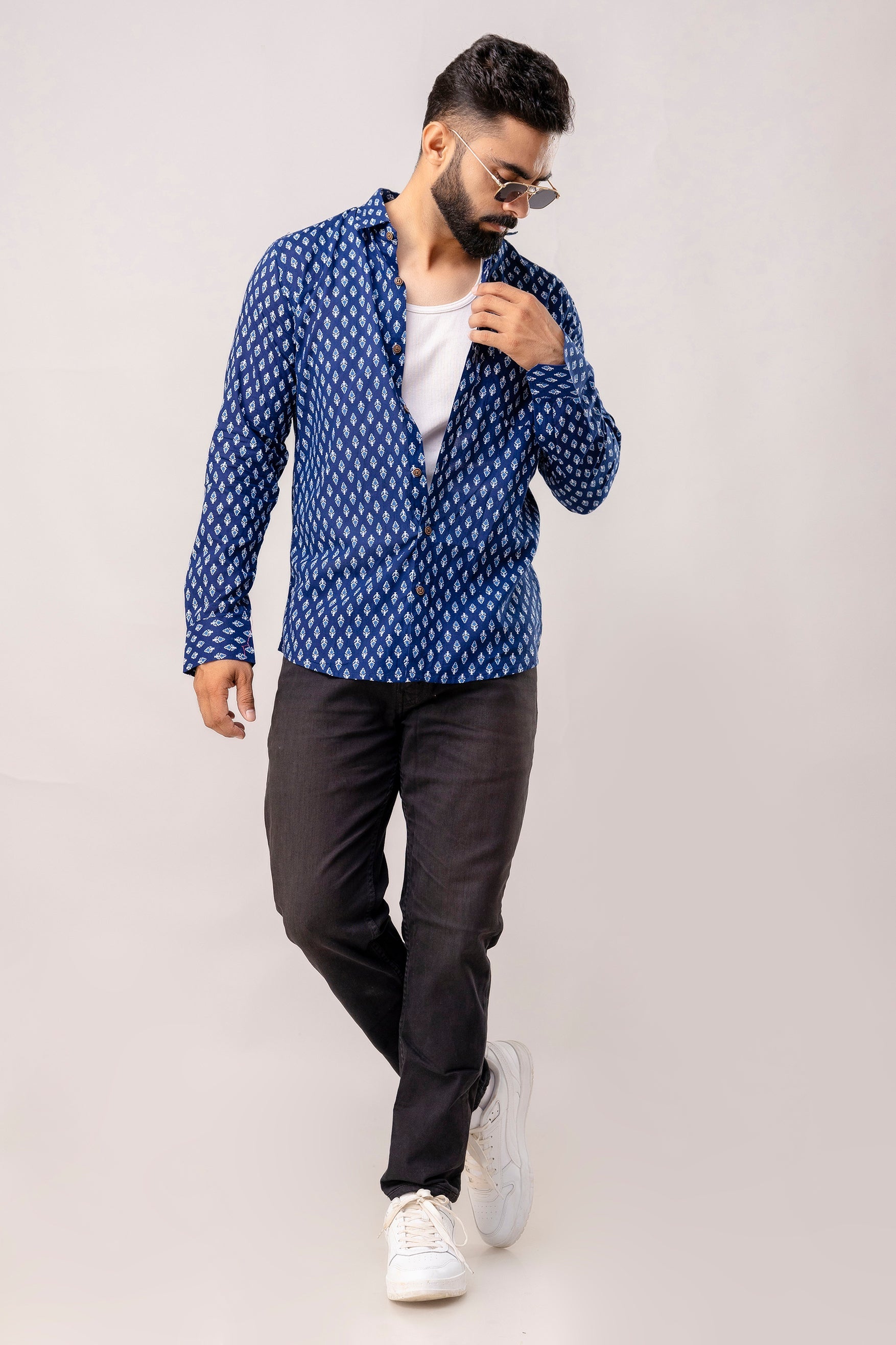 Relaxed Indigo Block Print Long Sleeve Shirt - Me & My