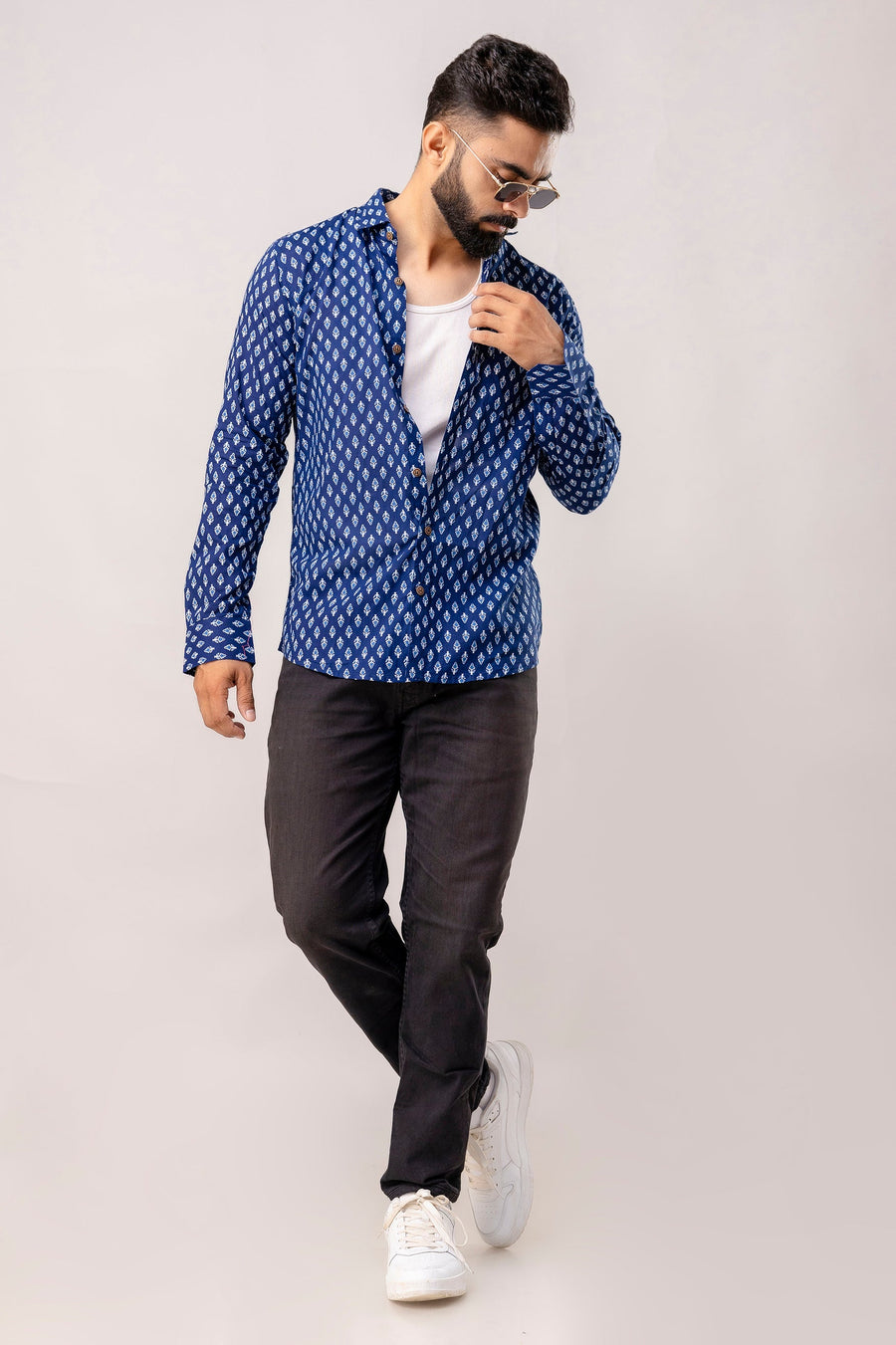 Relaxed Indigo Block Print Long Sleeve Shirt — image 8