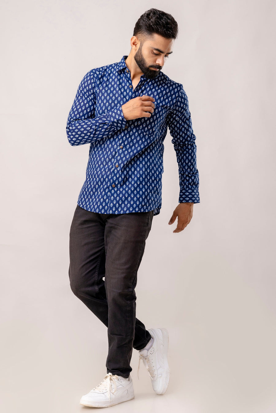Relaxed Indigo Block Print Long Sleeve Shirt — image 7