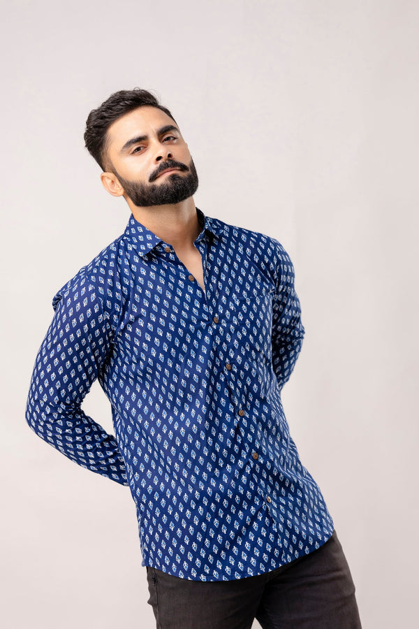 Relaxed Indigo Block Print Long Sleeve Shirt