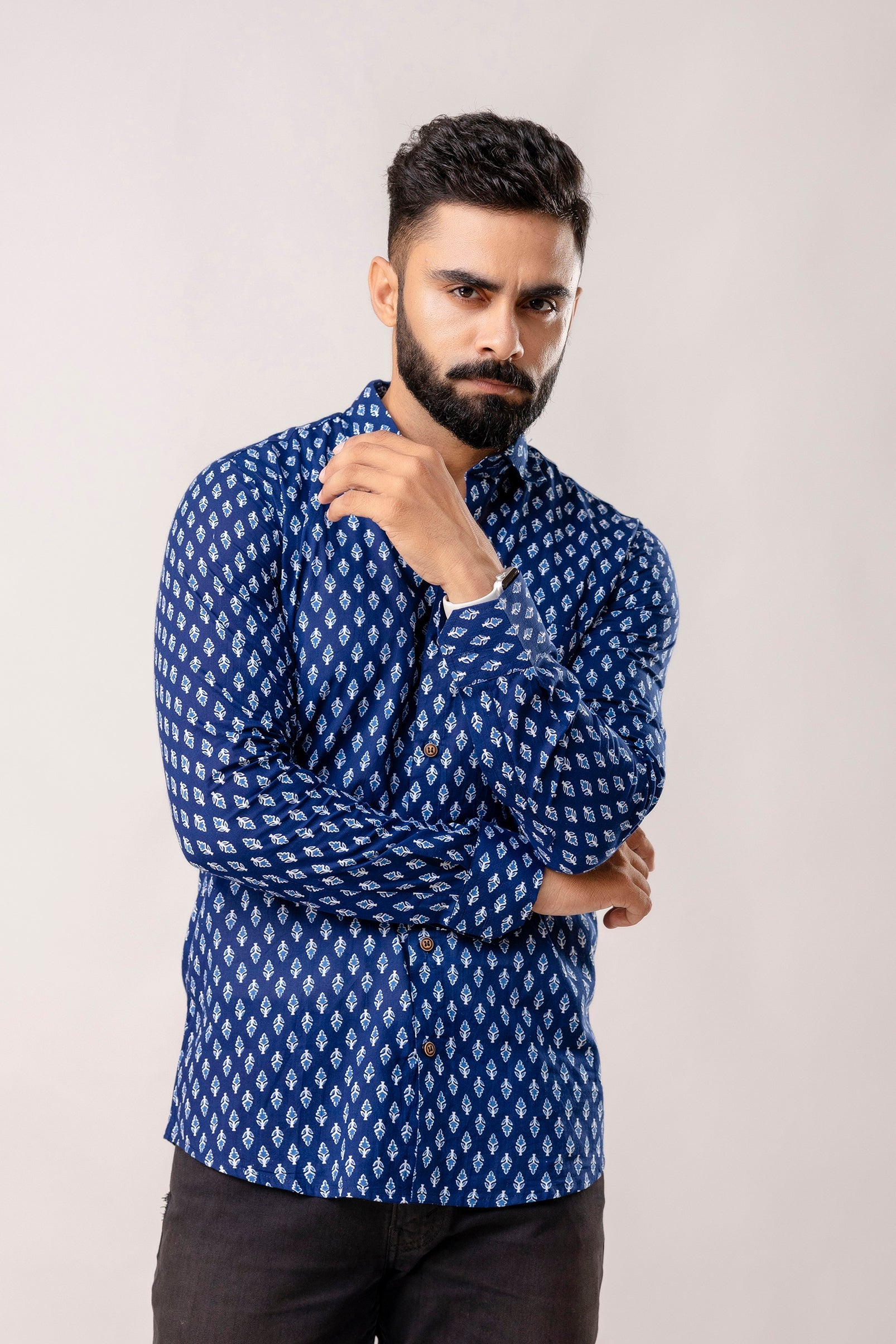 Relaxed Indigo Block Print Long Sleeve Shirt - Me & My