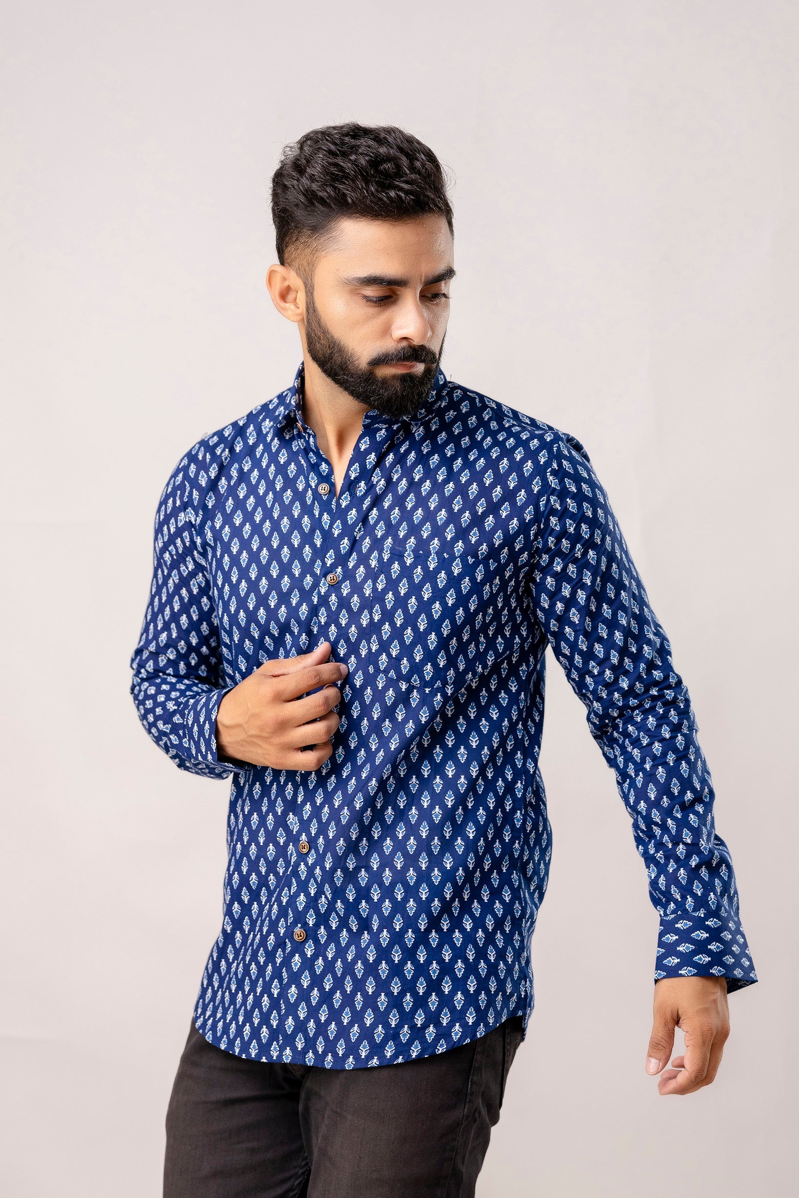 Relaxed Indigo Block Print Long Sleeve Shirt - Me & My