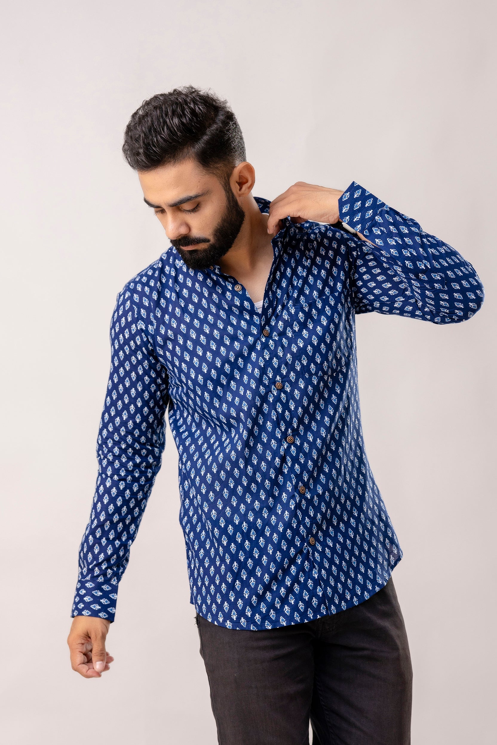 Relaxed Indigo Block Print Long Sleeve Shirt - Me & My