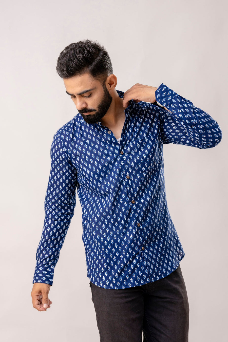 Relaxed Indigo Block Print Long Sleeve Shirt — image 5