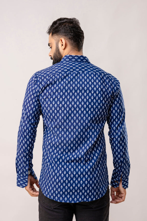 Relaxed Indigo Block Print Long Sleeve Shirt