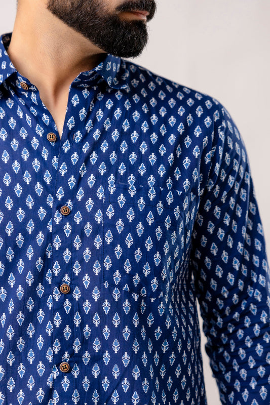Relaxed Indigo Block Print Long Sleeve Shirt - Me&My