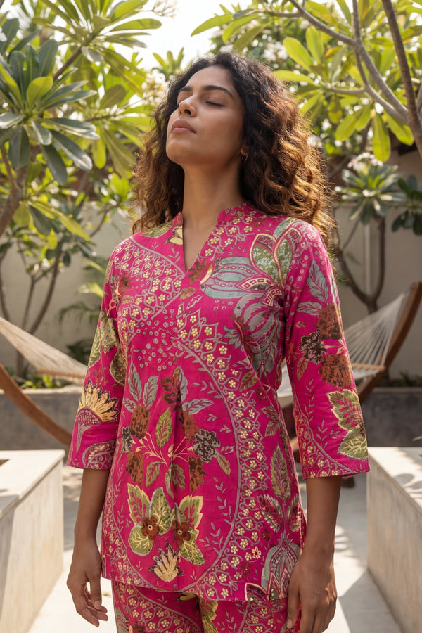 Tropical Bloom Magenta Cotton Co-ord Set
